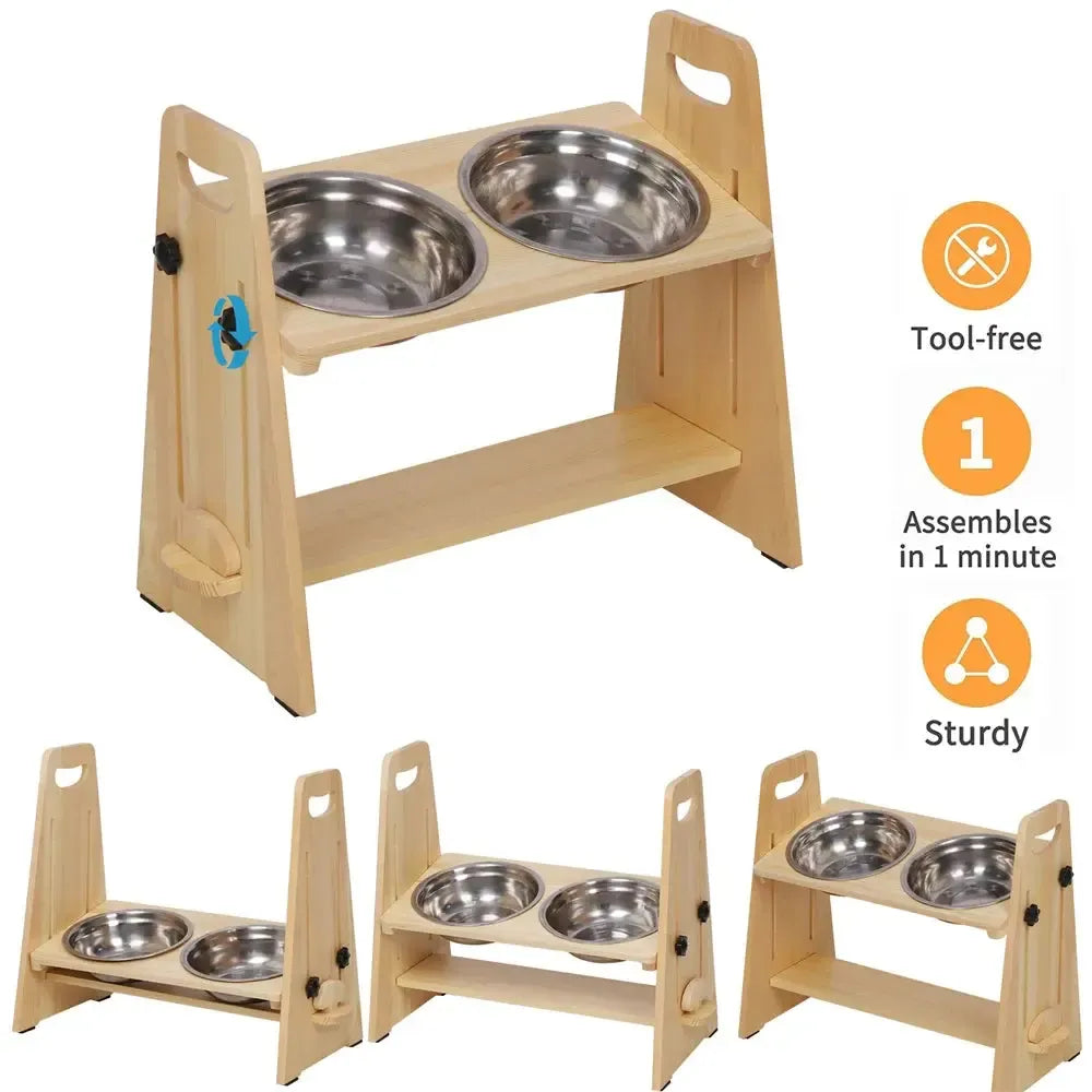 Height Adjustable Elevated Wooden Dog Feeder
