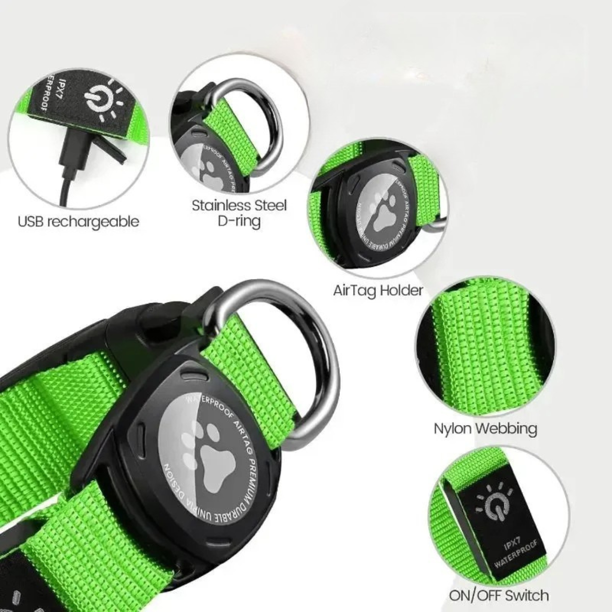 Waterproof Dog Collar with LED Light & Apple AirTag Holder