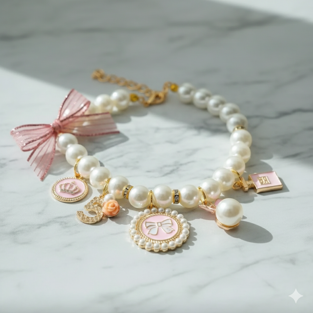 Pearl Dog Collar | Elegant & Comfortable with Rhinestone Charms