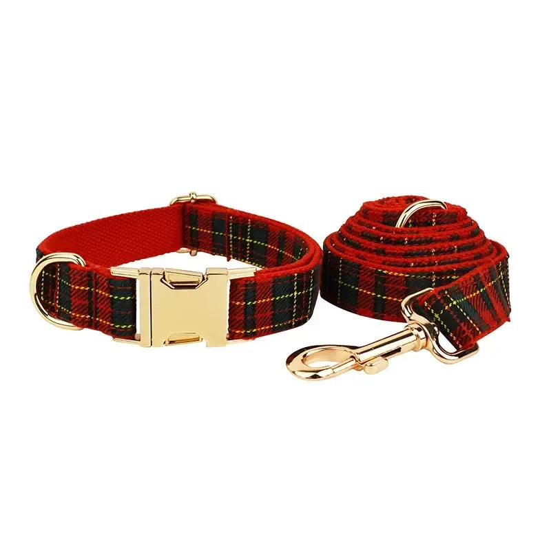 Red Tartan Dog Collar and Leash Set