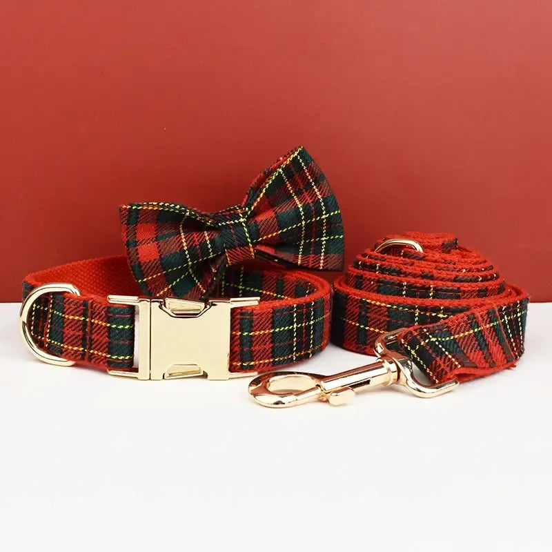 Red Tartan Dog Collar and Leash Set