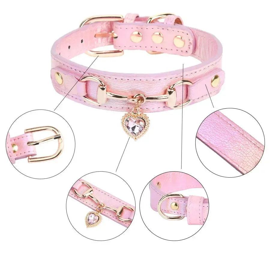 Rhinestone Leather Dog Collar with Heart Charm