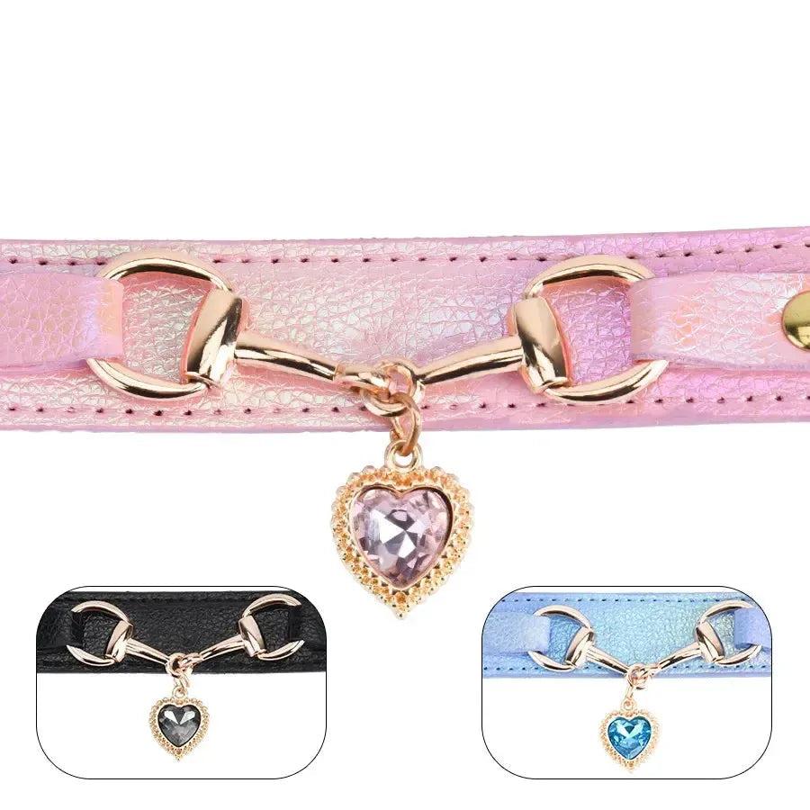 Rhinestone Leather Dog Collar with Heart Charm