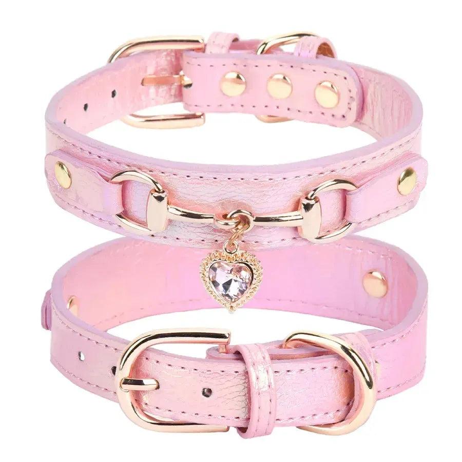 Rhinestone Leather Dog Collar with Heart Charm