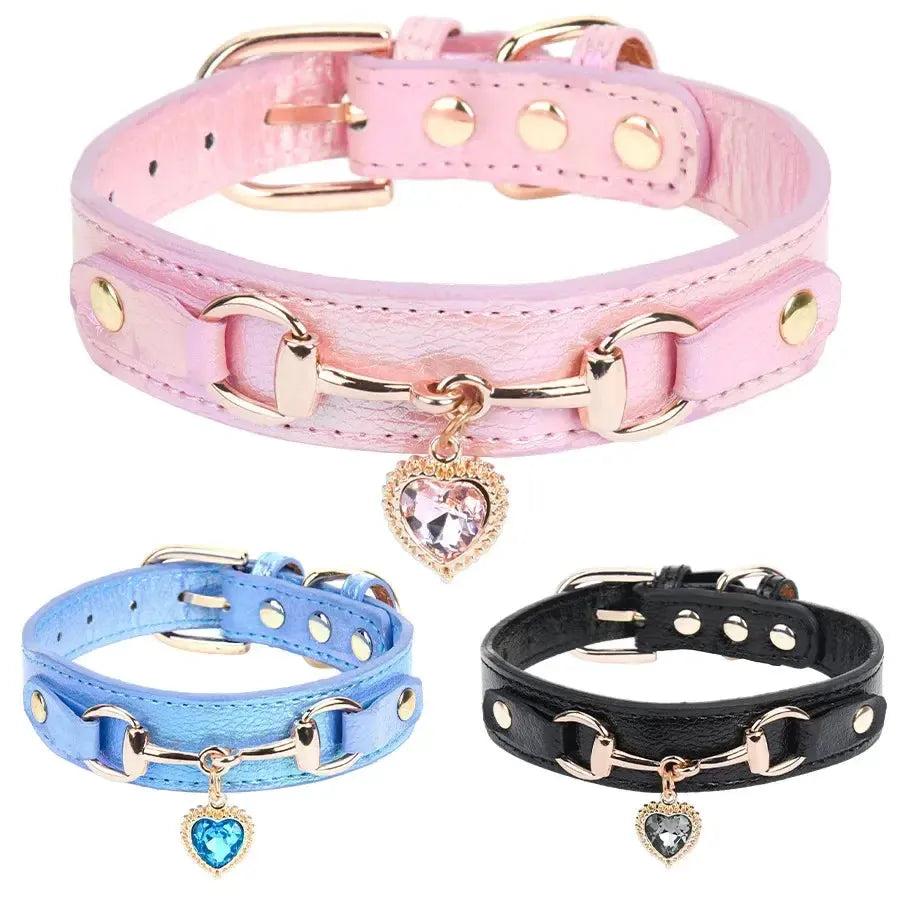 Rhinestone Leather Dog Collar with Heart Charm