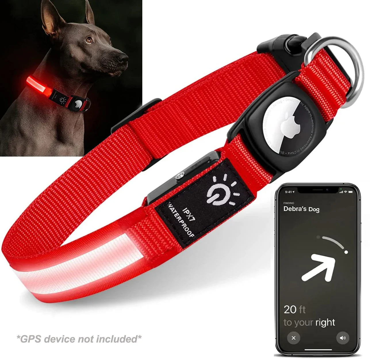 Waterproof Dog Collar with LED Light & Apple AirTag Holder