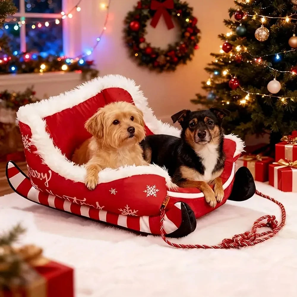 Christmas Sleigh Dog Bed | Warm Plush Winter Bed