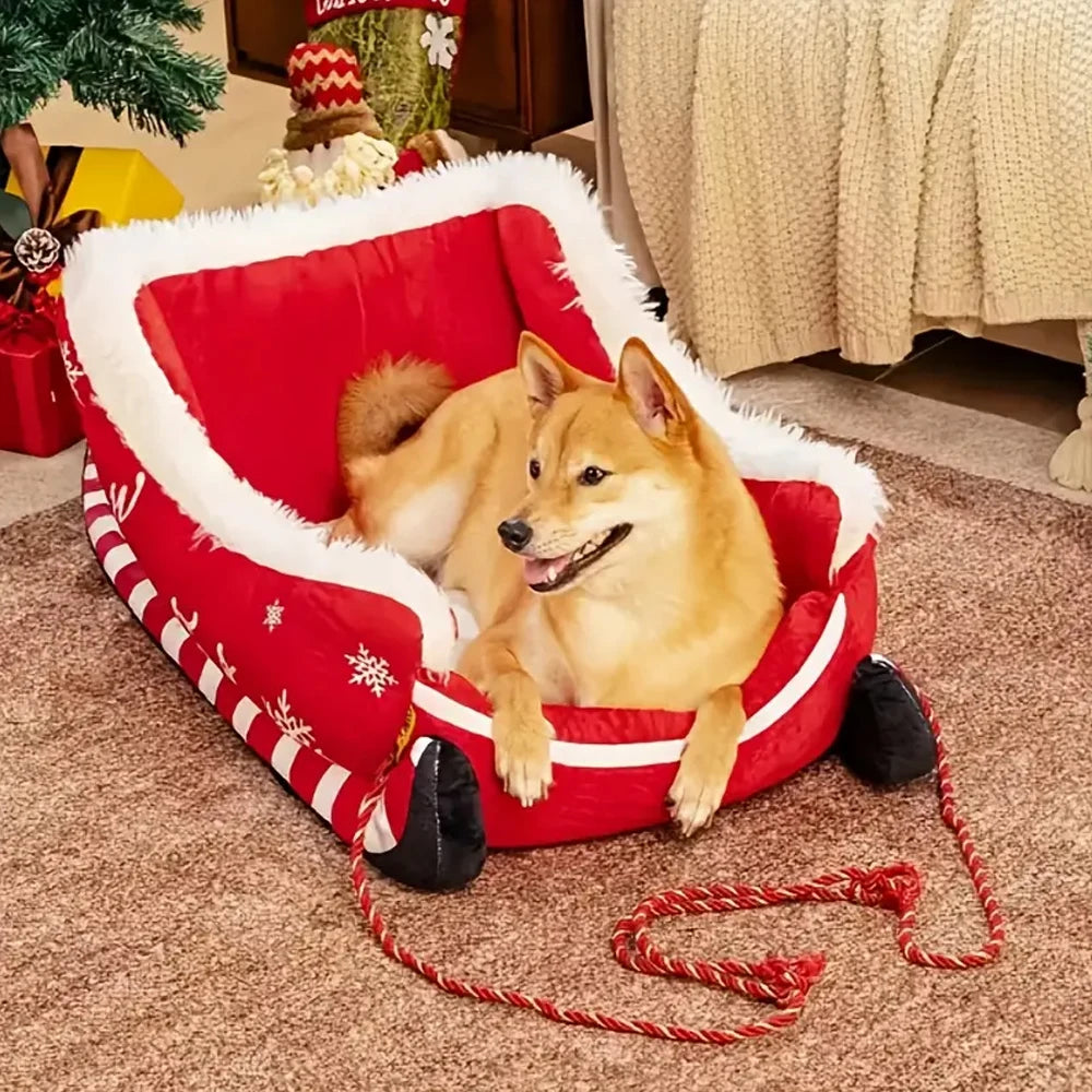 Christmas Sleigh Dog Bed | Warm Plush Winter Bed