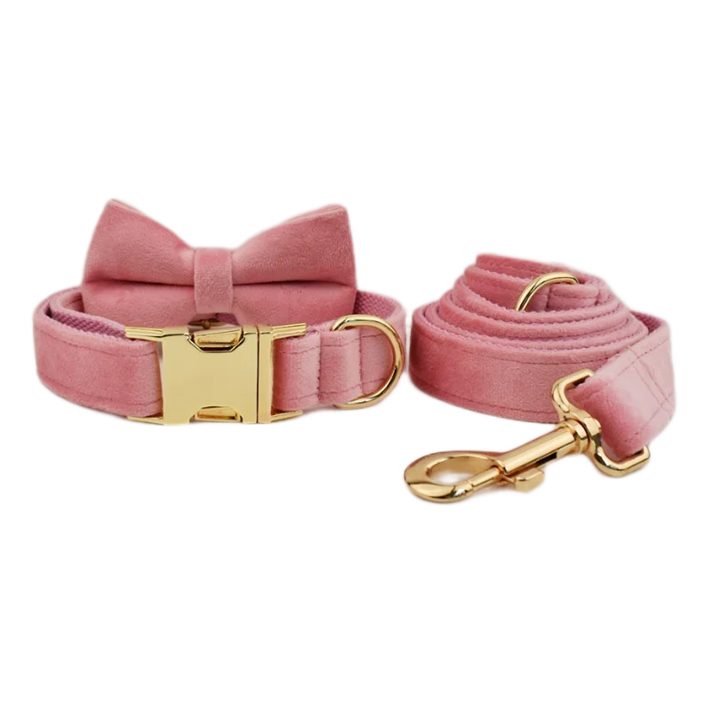 XL Pink Velvet Dog Collar | Soft Padded & Bow Tie - Adjustable