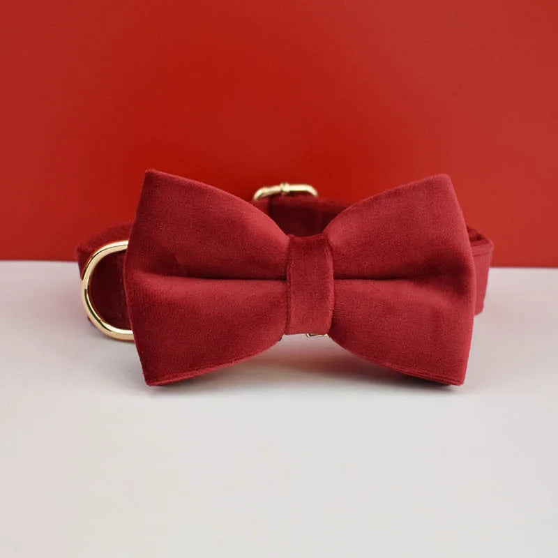 XL Red Velvet Dog Collar & Leash Set | Soft Padded & Bow Tie - Adjustable