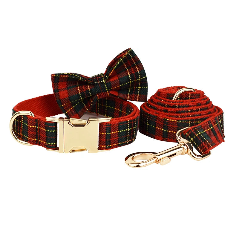 XL Red Tartan Dog Collar and Leash Set | Soft Padded & Bow Tie - Adjustable