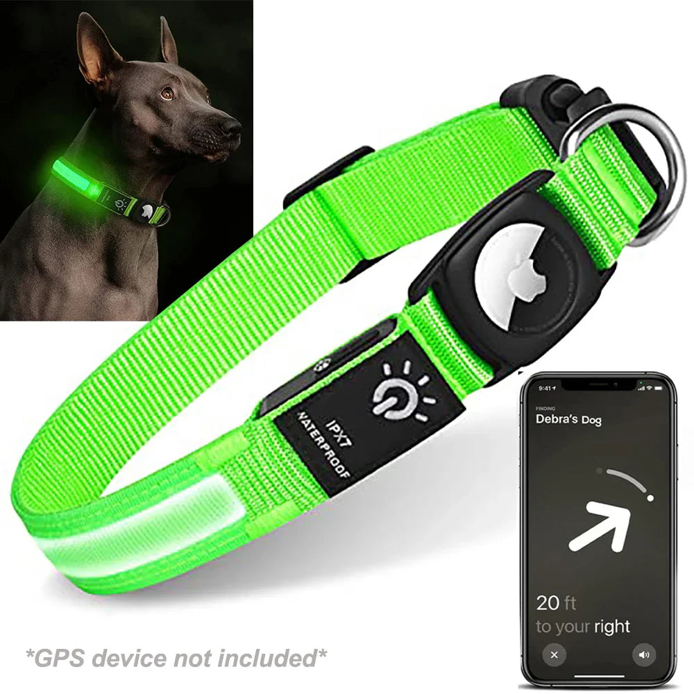 Waterproof Dog Collar with LED Light & Apple AirTag Holder