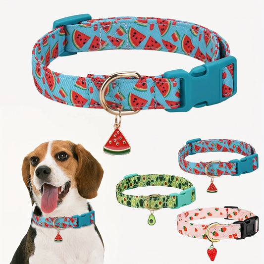 Adjustable Fruit Print Dog Collar with Cute Charm Tag