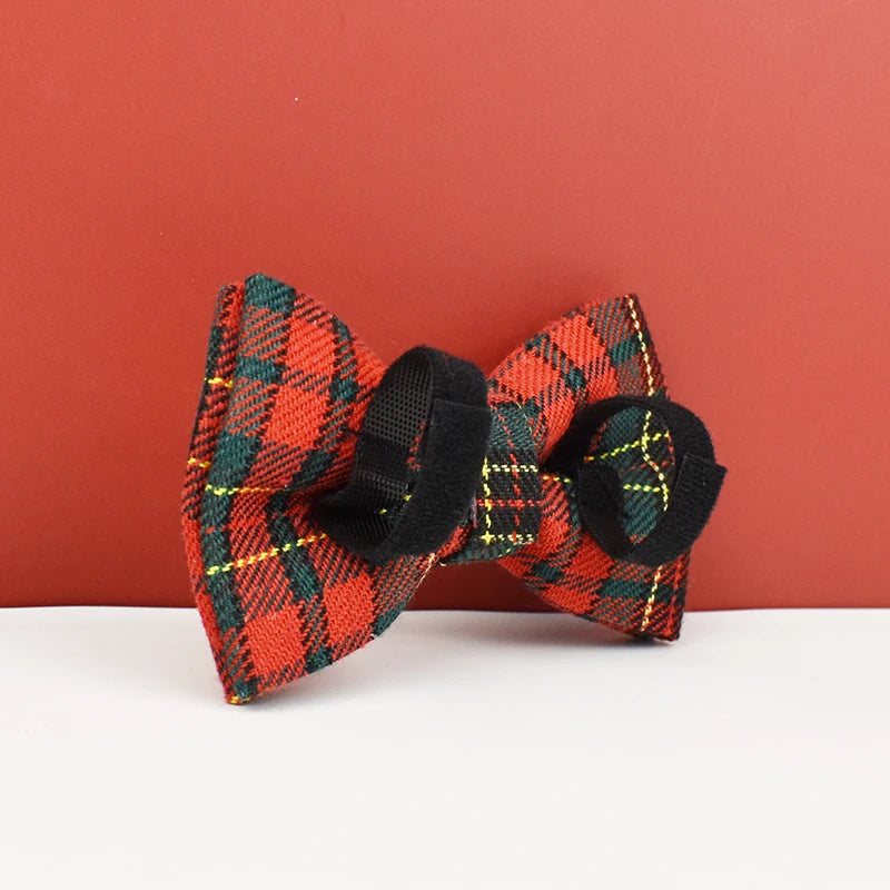 XL Red Tartan Dog Collar and Leash Set | Soft Padded & Bow Tie - Adjustable