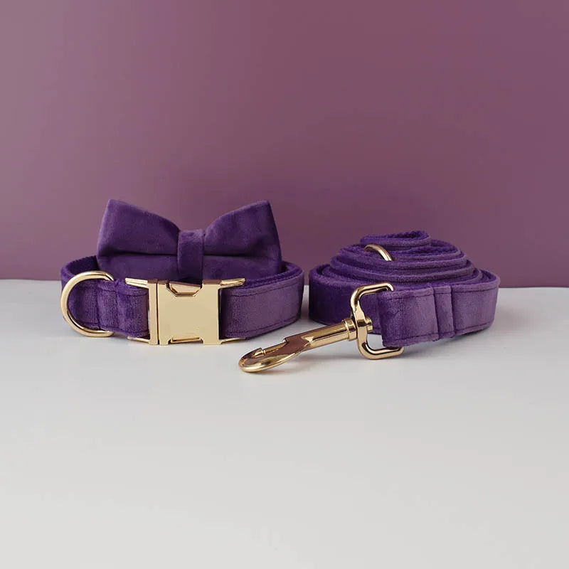 XL Purple Velvet Dog Collar | Soft Padded & Bow Tie - Adjustable