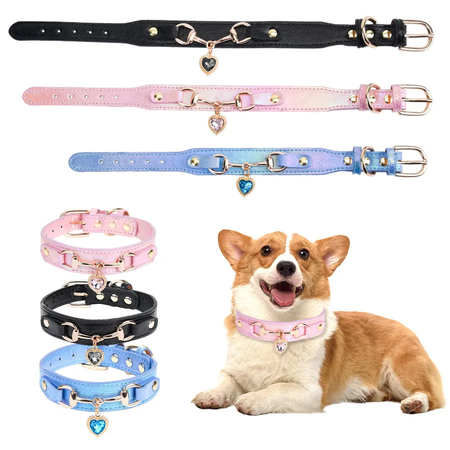 Rhinestone Leather Dog Collar with Heart Charm