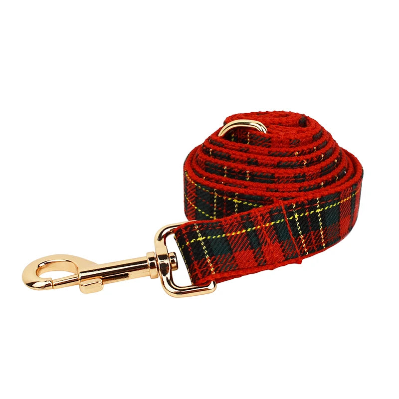 XL Red Tartan Dog Collar and Leash Set | Soft Padded & Bow Tie - Adjustable
