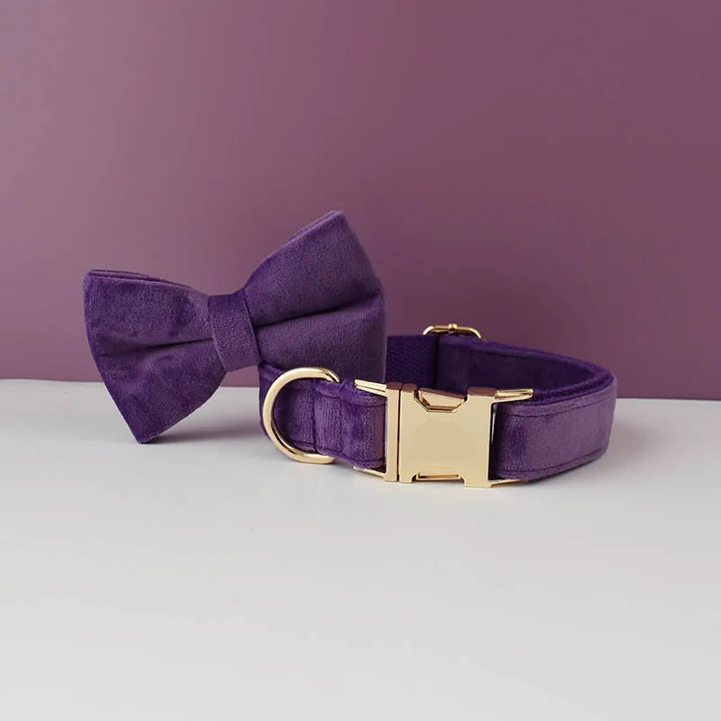 XL Purple Velvet Dog Collar | Soft Padded & Bow Tie - Adjustable