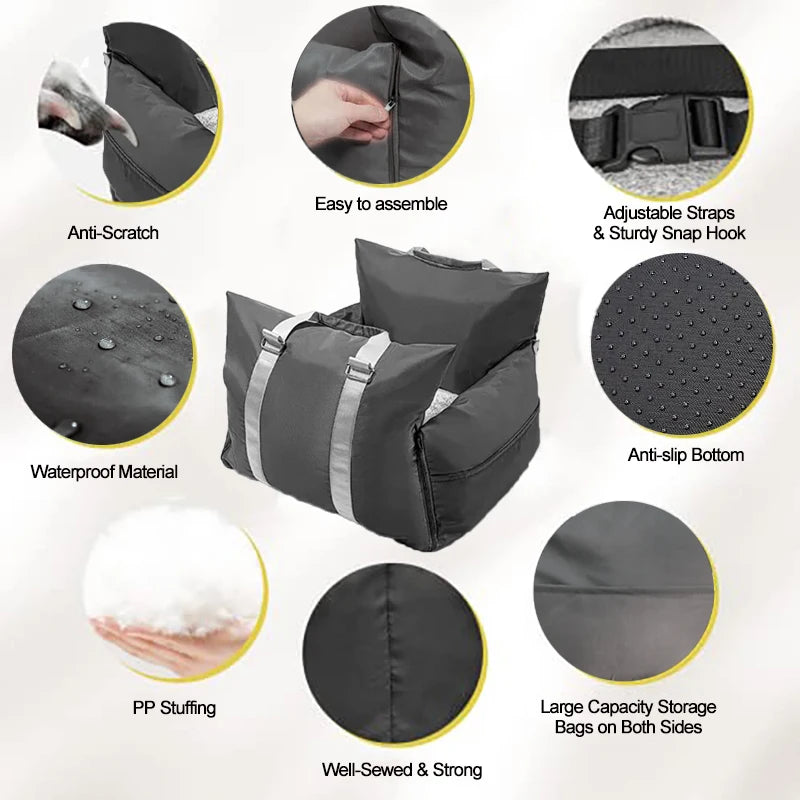 Travel-Safe Dog Car Seat Bed with Washable Cover, Safety Buckle, and Waterproof Design