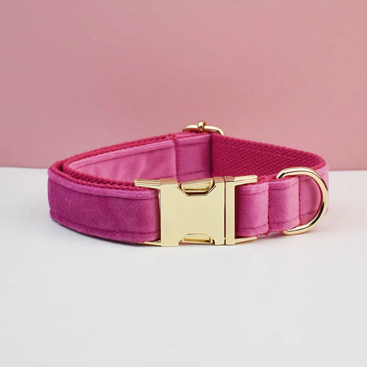 XL Bright Pink Velvet Dog Collar | Soft Padded & Bow Tie - Adjustable
