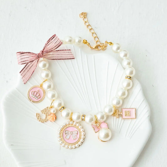 Elegant Pearl Dog Collar with Rhinestone Charms