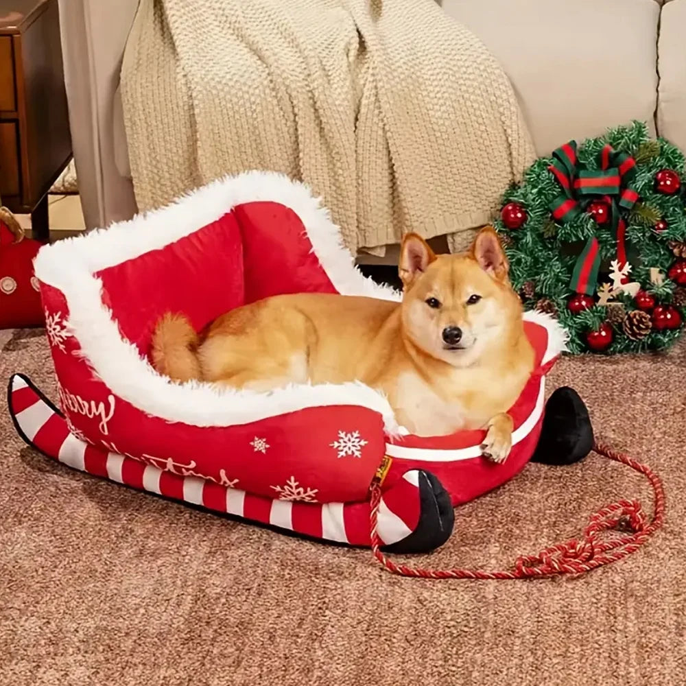 Christmas Sleigh Dog Bed | Warm Plush Winter Bed