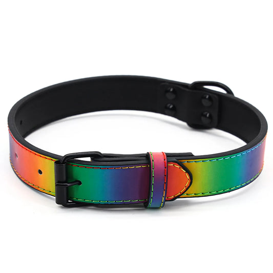 Rainbow Reflective Dog Collar | Soft PU Leather & Metal Buckle