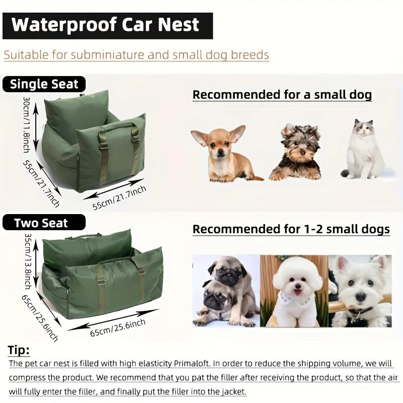 Travel-Safe Dog Car Seat Bed with Washable Cover, Safety Buckle, and Waterproof Design