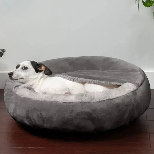 Washable Semi-Closed Plush Dog Bed With Removable Cushion