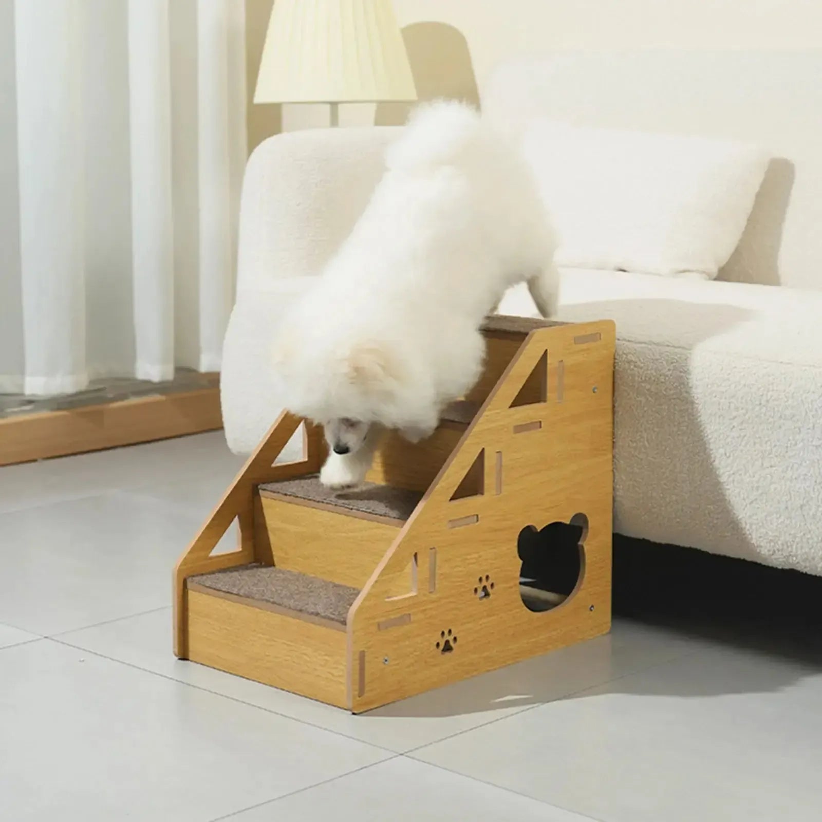 Wooden dog stairs with non-slip carpet surface