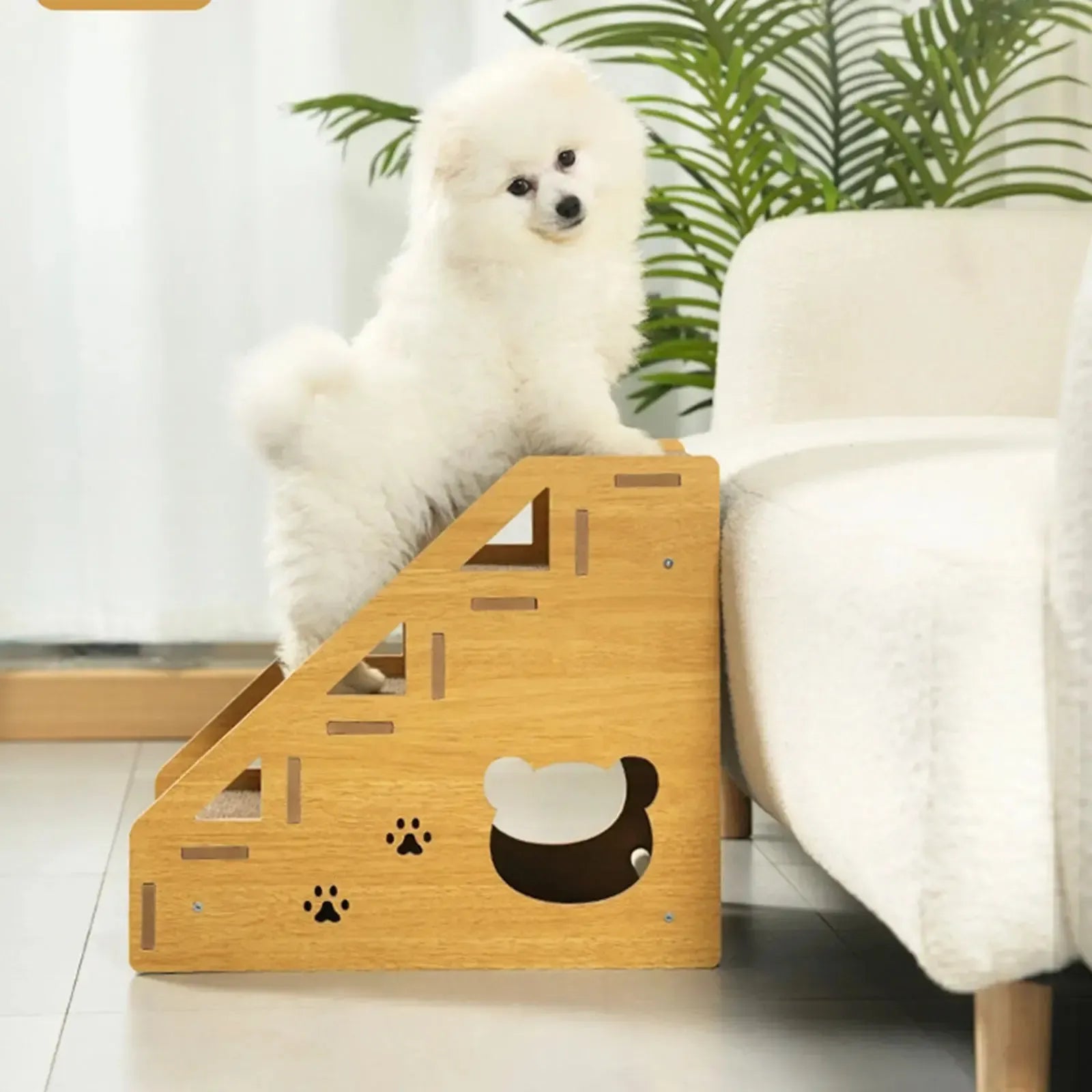 Wooden dog stairs with non-slip carpet surface