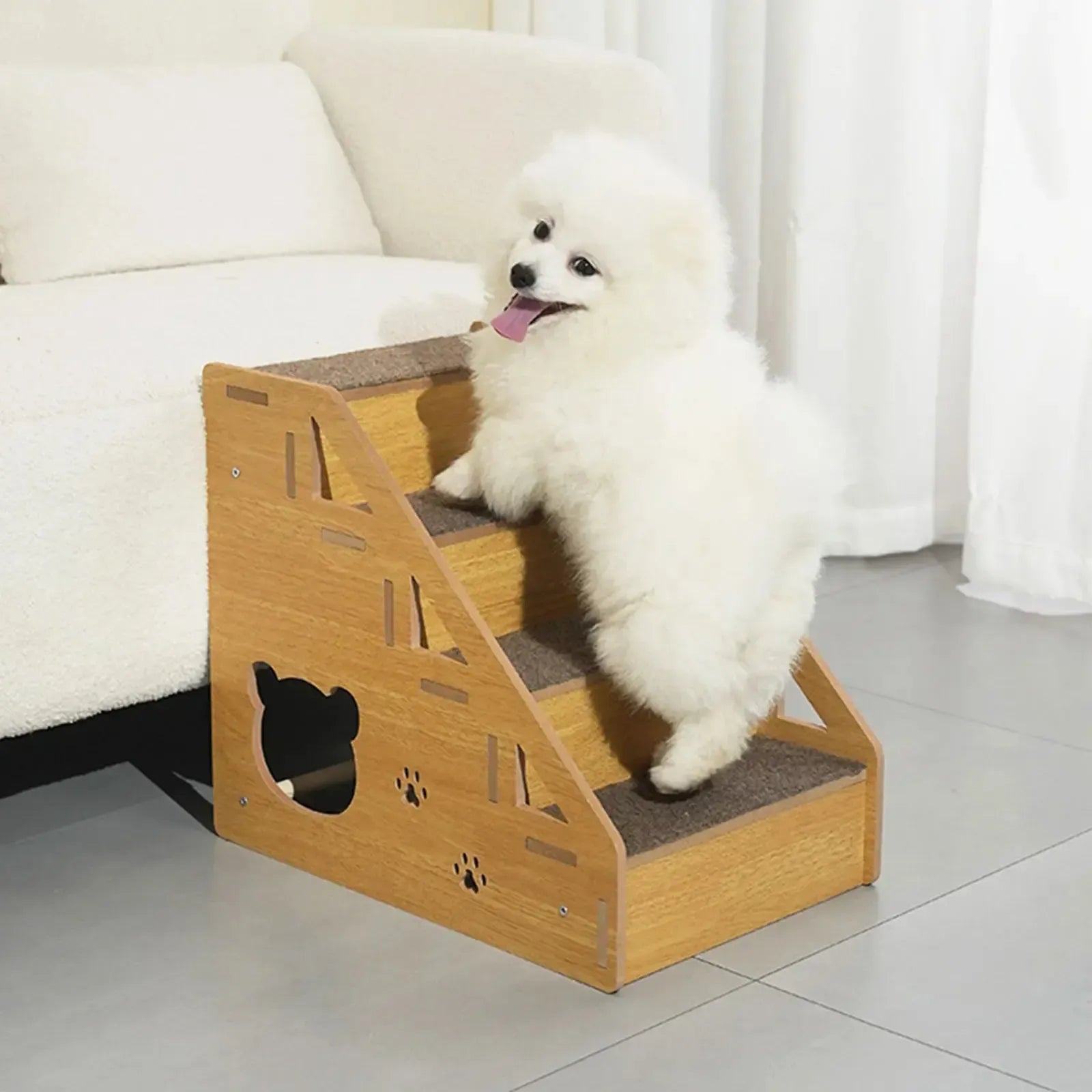Wooden dog stairs with non-slip carpet surface