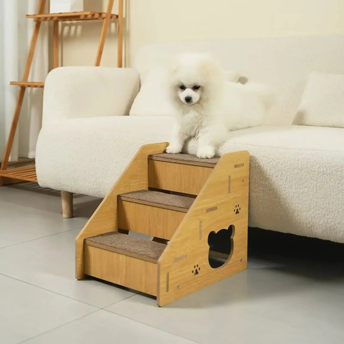 Wooden dog stairs with non-slip carpet surface