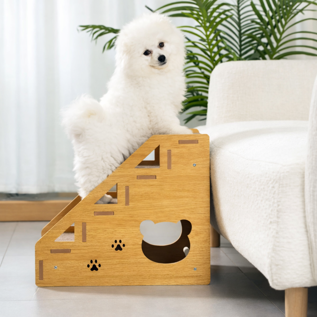 Wooden dog stairs with non-slip carpet surface