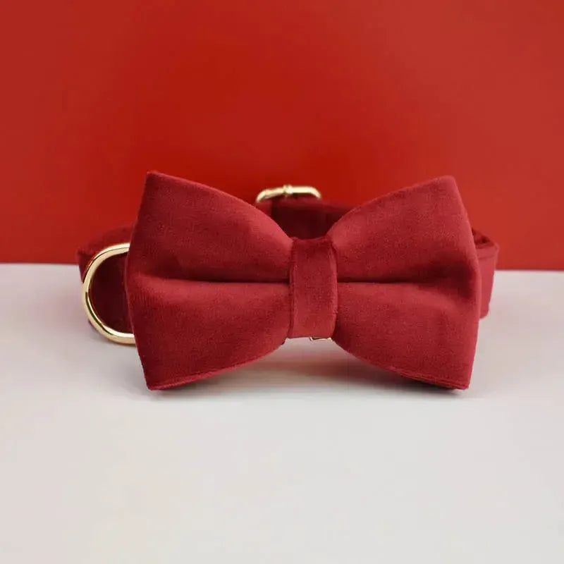 XL Red Velvet Dog Collar & Leash Set | Soft Padded & Bow Tie - Adjustable