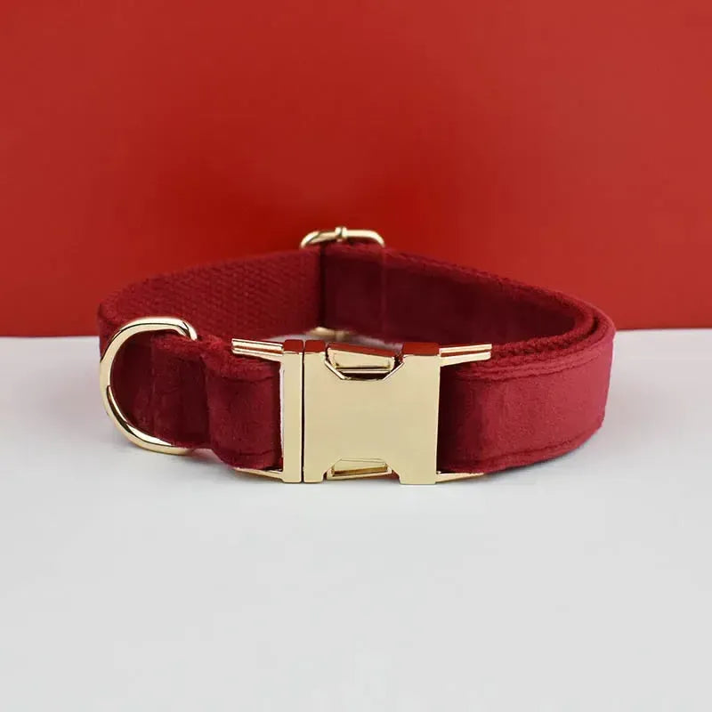 XL Red Velvet Dog Collar & Leash Set | Soft Padded & Bow Tie - Adjustable