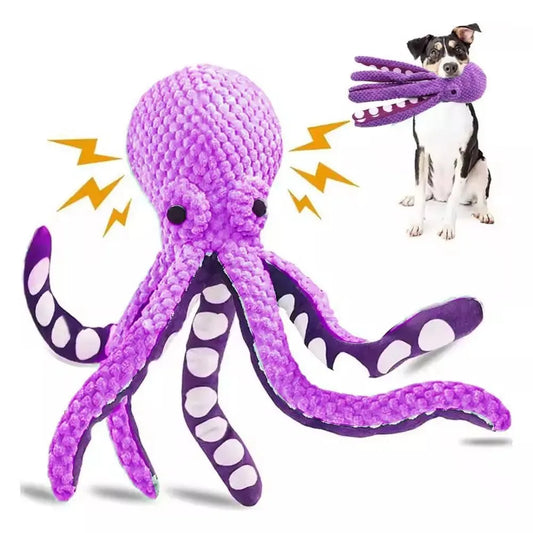Purple octopus-shaped dog toy with a dog holding it, on a white background
