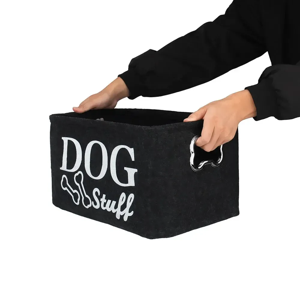 Dog Toy Storage Basket – Black Felt Foldable Bin 4