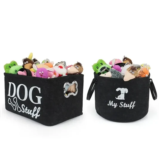 Dog Toy Storage Basket – Black Felt Foldable Bin
