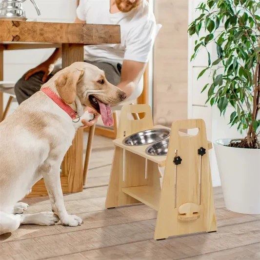 Height Adjustable Elevated Wooden Dog Feeder