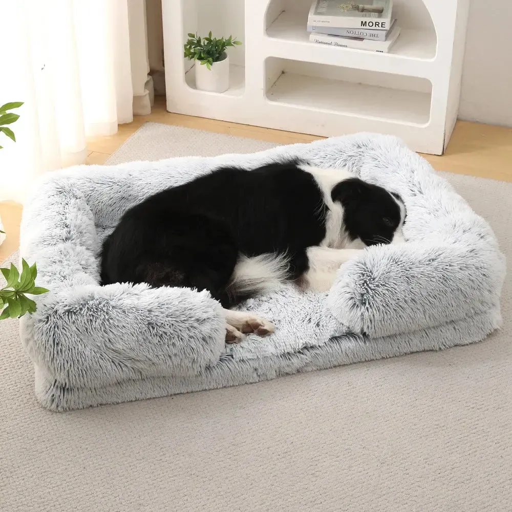 Plush Dog Sofa Bed with Bolster Support, Removable Cushion, and Non-Slip Base 2