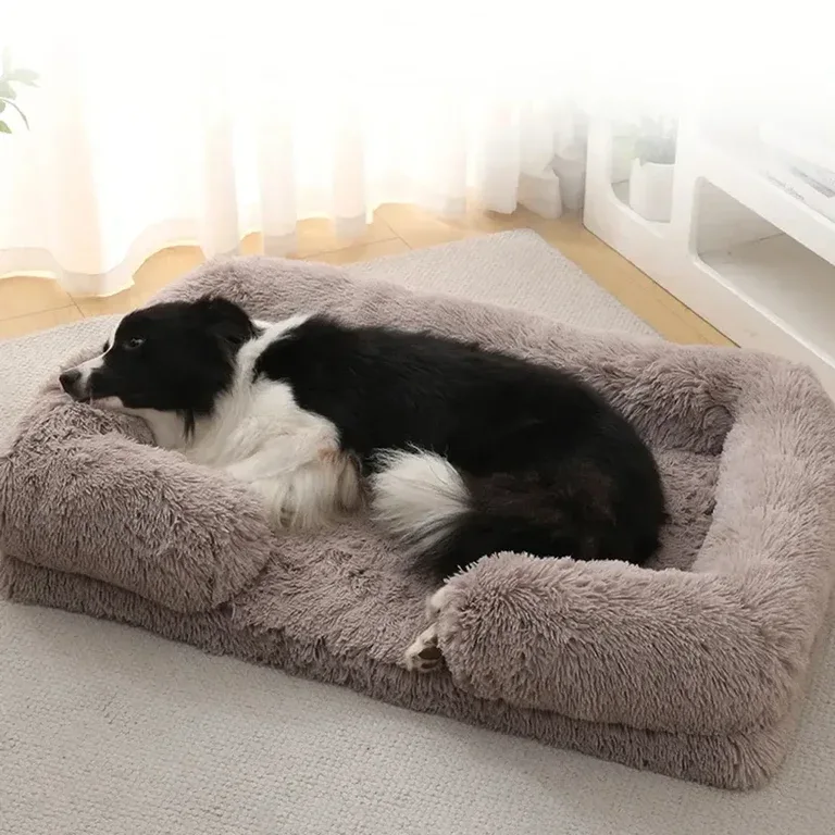 Plush Dog Sofa Bed with Bolster Support, Removable Cushion, and Non-Slip Base