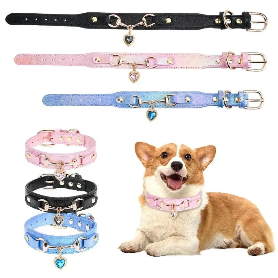 Rhinestone Leather Dog Collar with Heart Charm 2