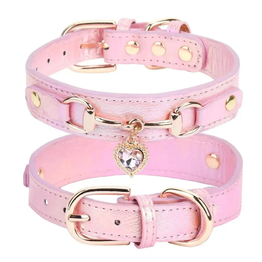 Rhinestone Leather Dog Collar with Heart Charm 6