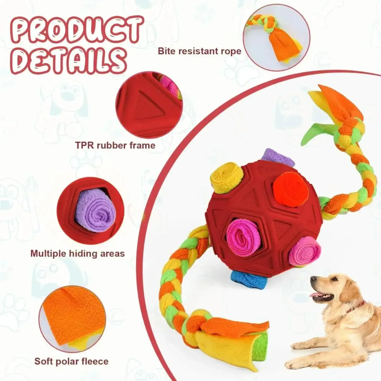 Sniffing Ball with Rope and Treat Hiding 3-in-1 Dog Toy 3
