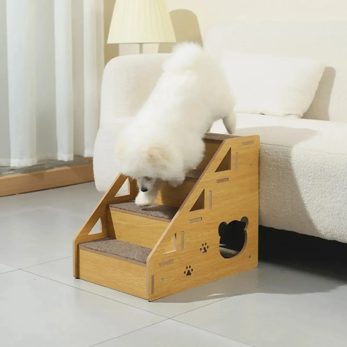 Wooden dog stairs with non-slip carpet surface