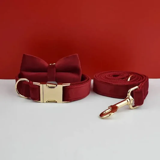 XL Red Velvet Dog Collar & Leash Set | Soft Padded & Bow Tie - Adjustable alternate view