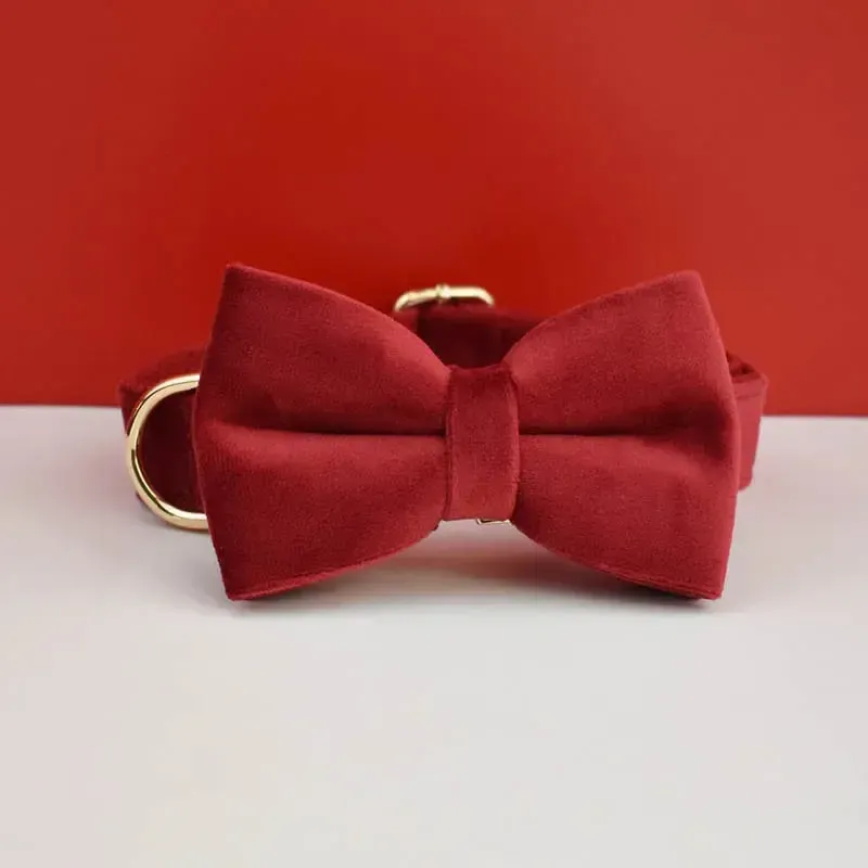 XL Red Velvet Dog Collar & Leash Set | Soft Padded & Bow Tie - Adjustable 3